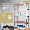 A metal shelving unit with cleaning supplies and towels on the shelves, next to a mop and bucket. Text overlays describe its uses. Produktbild-Vorschau