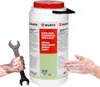 A large container of hand cleaner is shown with a dirty hand holding a wrench on the left and a soapy hand on the right. Produktbild-Vorschau
