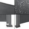 A collage of four images showing details of a grey side awning, including its fabric texture, water resistance, and mounting hardware. Náhled obrázku produktu