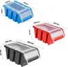Three storage bins in different colors (blue, red, and black) are shown with dimensions indicated by text overlays. Anteprima dell’immagine prodotto