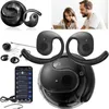 Collage of product images including earbuds, a charging case, a smartphone app interface, and people using earbuds. Produktbild-Vorschau