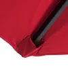 A close-up view of the red fabric of a patio umbrella, showing the seam and a black metal support pole. Voir les images du produit