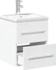 A white bathroom vanity with a sink and faucet, with one drawer pulled out. Produktbild-Vorschau