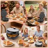 Collage of a family enjoying waffles indoors and outdoors, with close-ups of the waffle maker and waffles. Produktbild-Vorschau