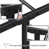 Close-up view of a black metal bed frame assembly, showing a hand using an Allen wrench to tighten a screw on a joint. Inset images highlight specific connection points. Podgląd zdjęcia produktu