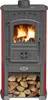 A wood-burning stove with a fire burning inside and firewood stored below. Produktbild-Vorschau