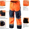 A pair of orange and navy work pants with various features highlighted by text and inset images. Produktbild-Vorschau