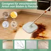 A mop cleaning a dirty floor in a kitchen setting, with inset images showing different types of dirt and floor surfaces. Podgląd zdjęcia produktu