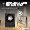 A black cube-shaped light fixture with a GU10 fitting is shown, with an inset image of the fitting itself and text highlighting its compatibility with GU10 spots. Produktbild-Vorschau