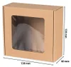 A brown cardboard box with a clear plastic window, showing a white object inside. Dimensions are indicated. Podgląd zdjęcia produktu