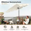 A woman sitting on a balcony under a beige umbrella, with furniture and plants around. Produktbild-Vorschau