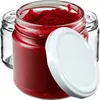 Three glass jars, one filled with red jam, and a white lid are shown against a white background. Podgląd zdjęcia produktu