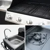 A collage of three close-up images showing different parts of a gas grill and outdoor kitchen unit. Produktbild-Vorschau