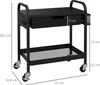 A black multi-purpose trolley with a drawer and a shelf, shown with dimensions indicated. Produktbild-Vorschau