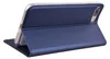 A blue flip case for an iPhone is shown standing up, propped open. Produktbild-Vorschau