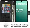 A black wallet-style phone case with cards and cash inserted, next to a Samsung Galaxy A16 5G phone. Produktbild-Vorschau