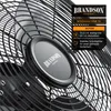 A close-up of a black fan with a metallic grille, and a text overlay box with product information. Produktbild-Vorschau