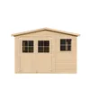 A wooden garden shed with windows and doors, presented on a white background. Voir les images du produit