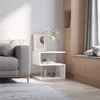 A modern living room scene featuring a white S-shaped side table next to a gray sofa and a wooden built-in cabinet with a window seat. Produktbild-Vorschau