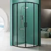 A modern shower enclosure with a black frame and glass doors, featuring a shower head and handheld shower. Produktbild-Vorschau