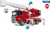 A toy fire truck with various features highlighted by circular overlays and text. Náhled obrázku produktu