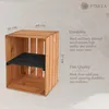 A wooden crate with a shelf, showing dimensions and product features. Náhled obrázku produktu