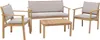 A set of outdoor furniture including a bench, two chairs, and a coffee table, all made of wood with gray cushions. Voir les images du produit