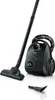 A black Bosch vacuum cleaner with its accessories, displayed on a white background. Produktbild-Vorschau