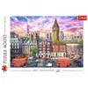 A vibrant illustration of the London skyline at sunset, featuring iconic landmarks and double-decker buses. Podgląd zdjęcia produktu
