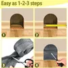 A four-panel instructional image showing how to use steel wool to block holes. The panels depict a hole in a wall, measuring the hole, cutting steel wool, and placing the steel wool in the hole. Produktbild-Vorschau
