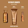 Three Wella hair products arranged in a sequence for a hair routine, with text indicating steps and benefits. Produktbild-Vorschau
