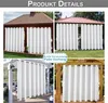 A collage of four images showing outdoor curtains installed in different settings: a gazebo, a patio, and a wooden structure. Produktbild-Vorschau