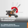 A close-up illustration of a trimmer head with a red arrow indicating a 90-degree rotation, accompanied by text describing its features. Produktbild-Vorschau
