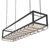 A hanging wine rack with a wooden shelf and metal glass holders, suspended by chains against a white background. Podgląd zdjęcia produktu
