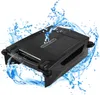 A black pool cleaning robot is shown with water splashing around it, suggesting it is waterproof and in use. Produktbild-Vorschau