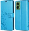 A blue flip phone case with a floral and butterfly design is shown open and closed. Produktbild-Vorschau