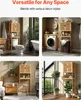 Collage of four images showing a bamboo storage cabinet in different bathroom and bedroom settings. Náhled obrázku produktu