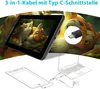 A graphic tablet and its connection to a laptop are shown, with a close-up of a USB-C connector and a background illustration of tigers and cats. Produktbild-Vorschau