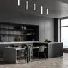 A modern, minimalist kitchen with dark gray cabinets, a white island with chairs, and a large window. Produktbild-Vorschau