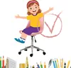 A young girl is sitting on a pink office chair with her arms outstretched, next to a large pink checkmark. Below the chair, there is a collection of art supplies. Produktbild-Vorschau