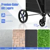Close-up of a black trolley wheel with text and images highlighting its features and suitability for different terrains. Voir les images du produit