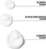 Three dollops of white cream, representing different amounts for different hair lengths, are shown next to text labels indicating hair length. Voir les images du produit