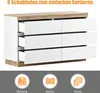 A white and wood-tone dresser with six drawers, some of which are open, shown against a white background. Below the dresser are three circular icons with text labels. Voir les images du produit