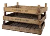 Three stacked wooden crates with text labels. Produktbild-Vorschau