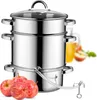 A stainless steel steamer pot with a glass lid, accompanied by apples and a glass of juice in the background. Produktbild-Vorschau