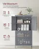 A gray bathroom cabinet with its doors open, showcasing storage options and labeled examples of items that can be stored. Produktbild-Vorschau