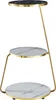 A three-tiered side table with marble-look tops and a gold metal frame. Voir les images du produit