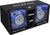 A black subwoofer box with two visible speakers, illuminated by blue lights. Náhľad obrázku produktu