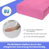 A pink fitted sheet is shown with a close-up of a hand on a sheet and marketing text. Produktbild-Vorschau