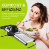 A woman is eating a salad while a mandoline slicer is shown in the foreground. The background is green with text. Produktbild-Vorschau